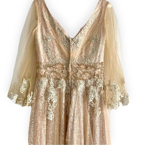 Val Stefani V-Cut Tulle Overlay Sleeve Sequin Bead Lace Embellished Gown Dress - Picture 10 of 17